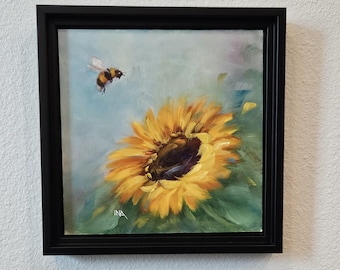 Original Sunflower and Bee Painting, Framed Painting, Original Oil Paintings, Home Decor, Kitchen Art, Framed Art, Floating Frame