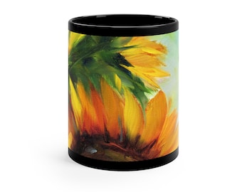 Zonnebloemkoffiemok, bijenkoffiemok, zwarte koffiemok, 11oz koffiemok, koffiekopje, originele kunst