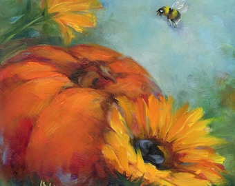 Pumpkin Art, Pumpkin Oil Painting, Wall Art, Original Oil Painting, Fall Art, Original Art, Bee Lover, Fall Painting, Sunflower lover