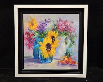 Ball Jar Painting, Original Oil Painting, Ball Jar with Flowers, Sunflowers in Ball Jar, Sunflower Painting, Framed Painting, Colorful Art