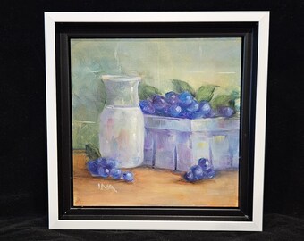 Blueberries and Cream, Original OIl Painting, Blueberry lover, Oil Painting, Framed Painting, Square Painting, Colorful Art