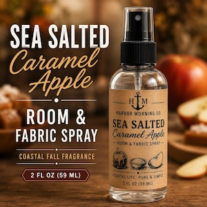 Ambientador para habitaciones y ropa de cama con aroma a manzana, caramelo y sal marina. Fragancia costera inspirada en el otoño. Mezcla de aceites esenciales. Un regalo relajante para el hogar.