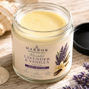 Burro corpo al sego - Profumo di lavanda, vaniglia e legno di mare al chiaro di luna. Realizzato con vitamina E, olio di argan e amido di maranta. Prodotto naturale di alta qualità per la cura della pelle.
