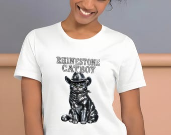 Camiseta Catboy con diamantes de imitación, divertido gatito de rancho del oeste, regalo para dueños de gatos, vaquero divertido