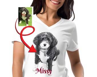 Camiseta personalizada con foto de perro, camiseta personalizada en blanco y negro, regalo para mamás perrunas, cuello en V.
