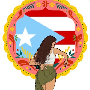 May include: Illustration of a woman with long brown hair, wearing a white tank top and olive green skirt, posing in front of a Puerto Rican flag design. The flag is set within a decorative, colorful frame with floral and dotted patterns.