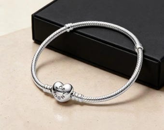 Pulsera Pandora Moments de plata de ley con colgante de corazón y serpiente, pulsera con cierre de corazón, regalo artístico para ella.