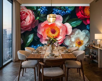 Bloemenbehang om zelf te plakken, opvallende bloemenmuurschildering, kleurrijk botanisch verwijderbaar behang, huurvriendelijke decoratie