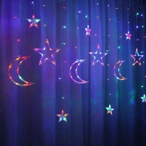 Guirnalda de luces LED de luna y estrellas para cortinas, ideal para habitaciones de dormitorios, bodas y fiestas.