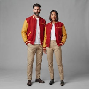 May include: Two varsity jackets featuring red wool bodies with yellow sleeves, snap-button closures, and ribbed collars. Each jacket displays the word Customize embroidered in yellow script on the left chest. Both are worn over white t-shirts and khaki pants.