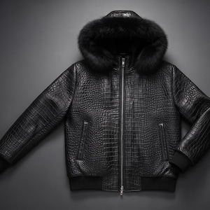 Handmade Alligator Leather Bomber Jacket - Men's Black Crocodile Skin Fur Hooded Luxury Motorcycle Jacket