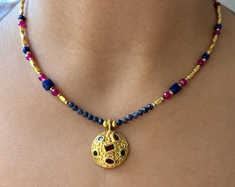 Antique-Inspired Necklace  (Handmade, Natural Ruby, Saphire, Lapis Gemstones and 24K Gold Plated Brass)