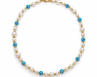 Collar de perlas de Mallorca y ojo turco azul (hecho a mano)