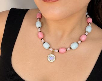 Heart Necklace (Handmade, Natural Stones, 24K Gold Plated)