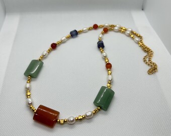 Antique-Inspired Long Natural Stone Necklace (Handmade)