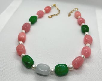Colorful Quartz & Pearl Statement Necklace (Handmade)