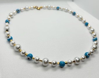 Mallorca Pearl & Blue Evil Eye Necklace (Handmade)