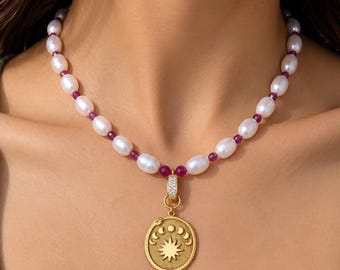 Celestial Necklace (Natural Ruby Gemstones & Pearls and Handmade )