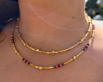 Minimalist Antique-Inspired Necklace (Natural Ruby and Sapphire Gemstones, 24K Gold Plated Brass, Handmade)