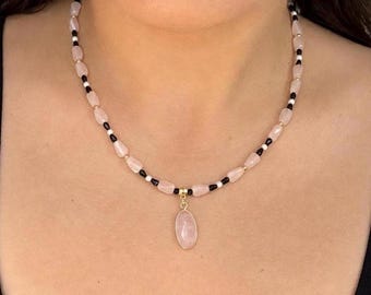 Crystal Necklace (Handmade & Pink Quartz Pendant, 24K Gold Plated)