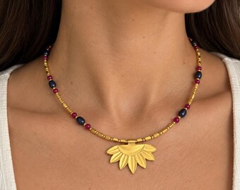 Antique-Inspired Ruby Sunflower Necklace, Natural Black Pearls, 24K Gold Plated Brass