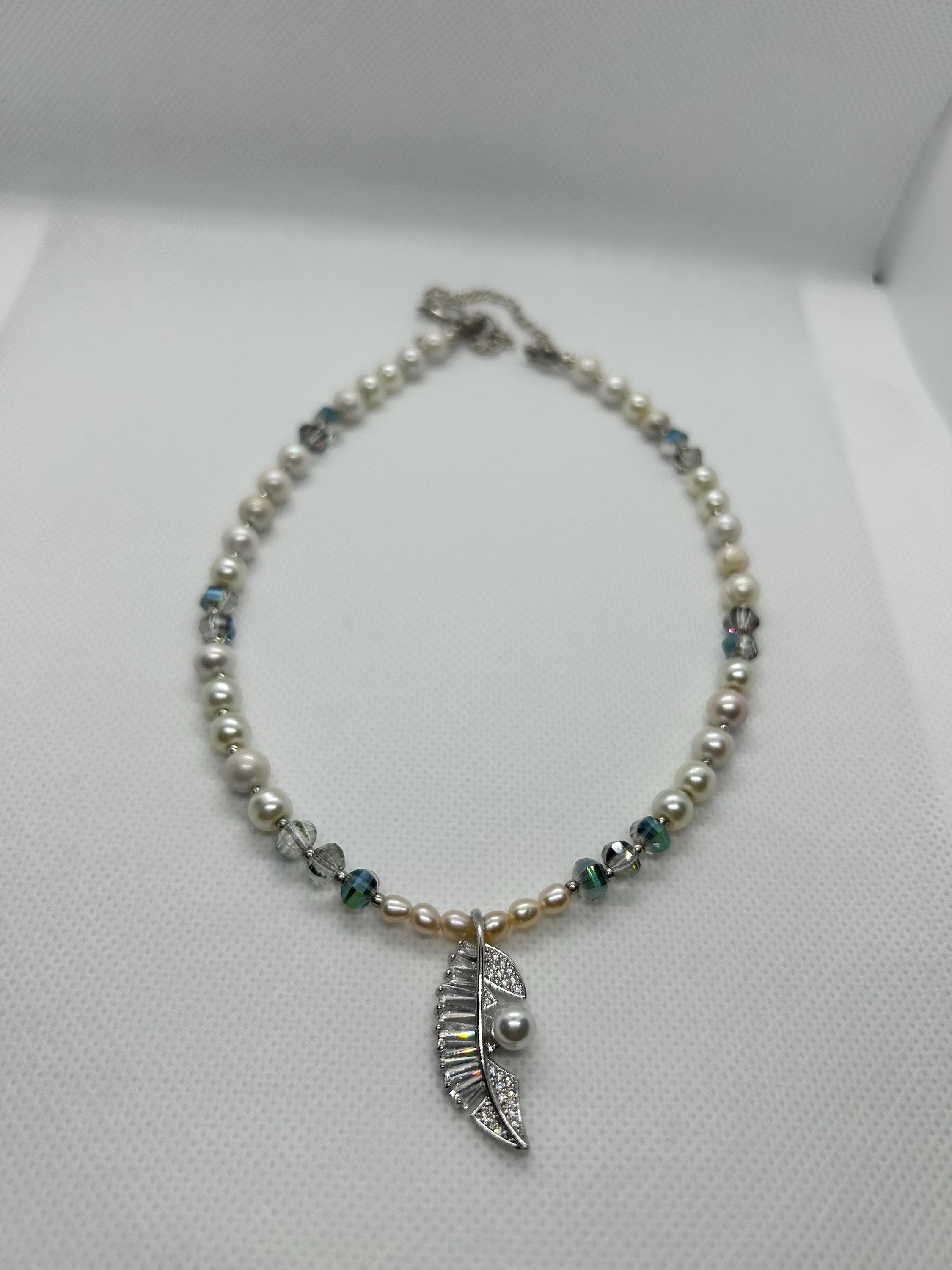 Crystal Pearl Leaf Necklace