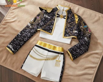 Girls K Pop Zoey Mira Rumi Stage Idol Costume Black Gold Dance Outfit Kids 3 Piece Performance Costume Birthday Party Cosplay 4 to 12 Years