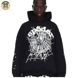 Sudadera con capucha Sp5der negra con estampado de telaraña estilo Y2K, estilo urbano unisex. imagen 3