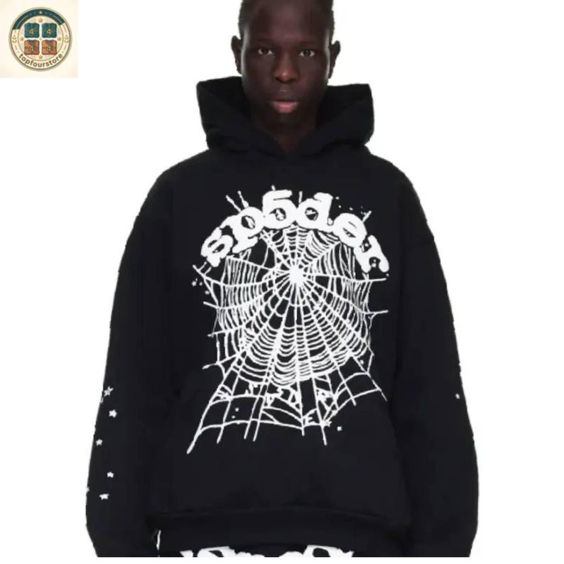 Sudadera con capucha Sp5der negra con estampado de telaraña estilo Y2K, estilo urbano unisex. imagen 3