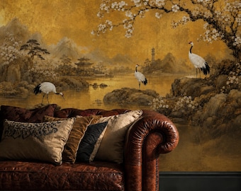 Gouden Chinoiserie Kraanvogel Behangmuur: Vintage Oosterse Landschapsdecoratie, Zelfklevend