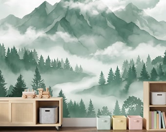 Behangmuur Misty Green Mountains: natuur kinderkamer decor, Peel and Stick