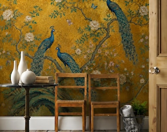 Gold Peacock Chinoiserie Wallpaper Mural: Vintage Luxury Decor, Peel and Stick