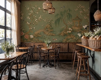 Mural de parede com jardim em estilo Chinoiserie: Arte asiática vintage, autoadesivo.