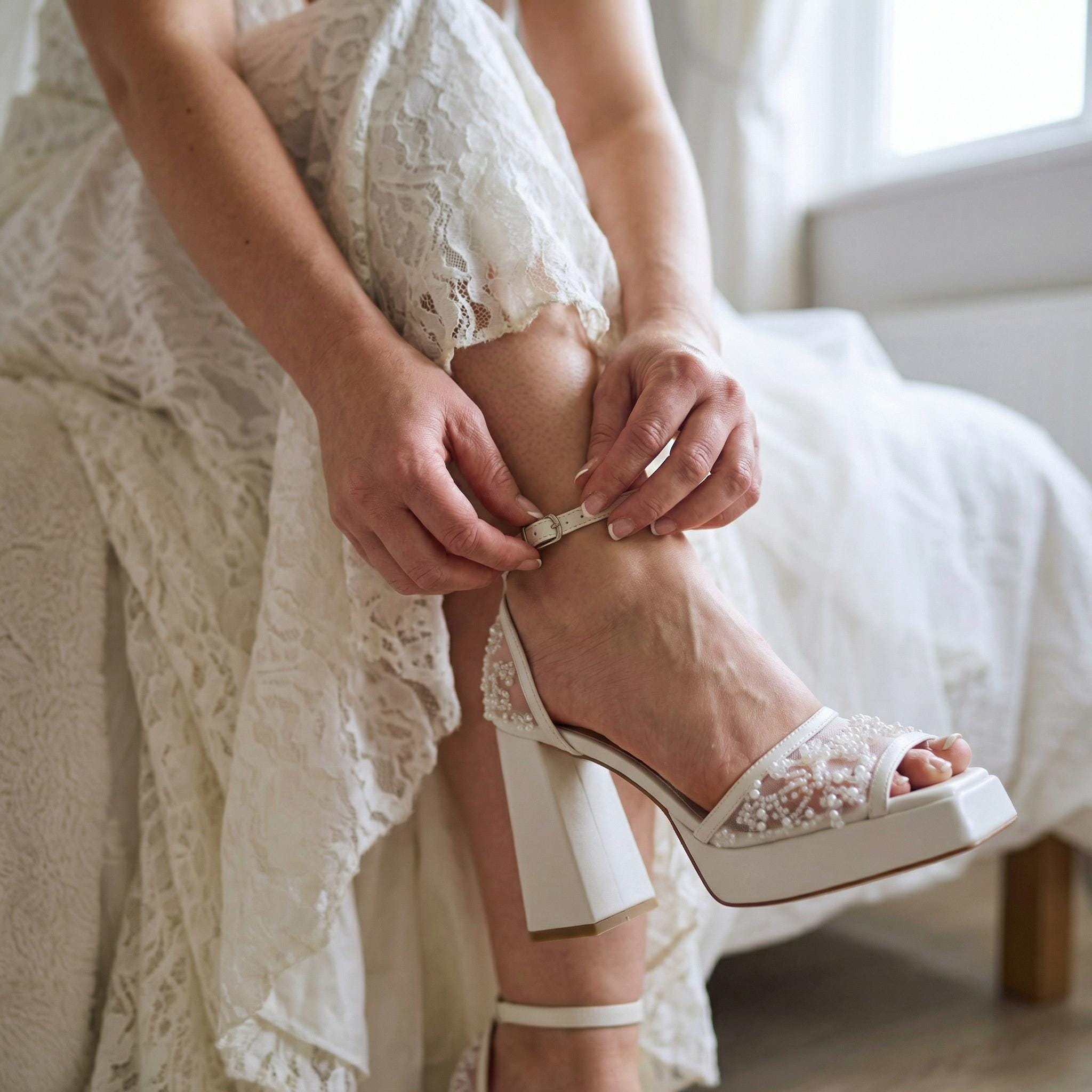 Lichtblauwe gehaakte kant puntige teen bruiloft lage hakken met dubbele parels bandje, bruids lage hakken, kitten heels, iets blauws, trouwschoenen - België