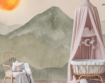 Minimalistische Berg Sonnenuntergang Tapete Wandbild: Gelassene Landschaft Schälen und Aufkleben