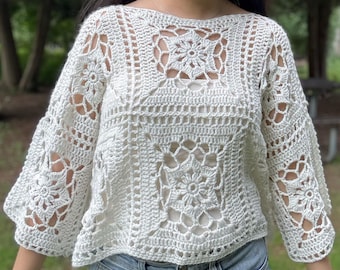 Floral Window Top Crochet Pattern PDF + Video, 3 Sleeve Styles Granny Square Top, Summer Openwork Sweater