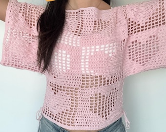 Heart Mesh Crochet Top Pattern PDF, Filet Mesh Summer Top, Beginner Friendly, Made to Measure Top