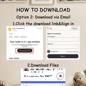 Pu&ograve; includere: Un grafico didattico intitolato HOW TO DOWNLOAD Option 2: Download via Email. Mostra i passaggi per fare clic su un link di download, accedere a un account Etsy e scaricare file PDF. Il testo include dettagli sulle transazioni e campi di accesso.