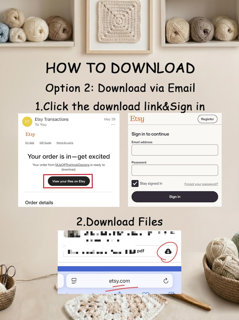 Pu&ograve; includere: Un grafico didattico intitolato HOW TO DOWNLOAD Option 2: Download via Email. Mostra i passaggi per fare clic su un link di download, accedere a un account Etsy e scaricare file PDF. Il testo include dettagli sulle transazioni e campi di accesso.