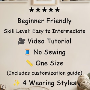 Pu&ograve; includere: Un foglio informativo per schema all'uncinetto con cinque stelle nere, il testo Beginner Friendly, Skill Level: Easy to Intermediate, Video Tutorial, No Sewing, One Size, Includes customization guide e 4 Wearing Styles con icone.