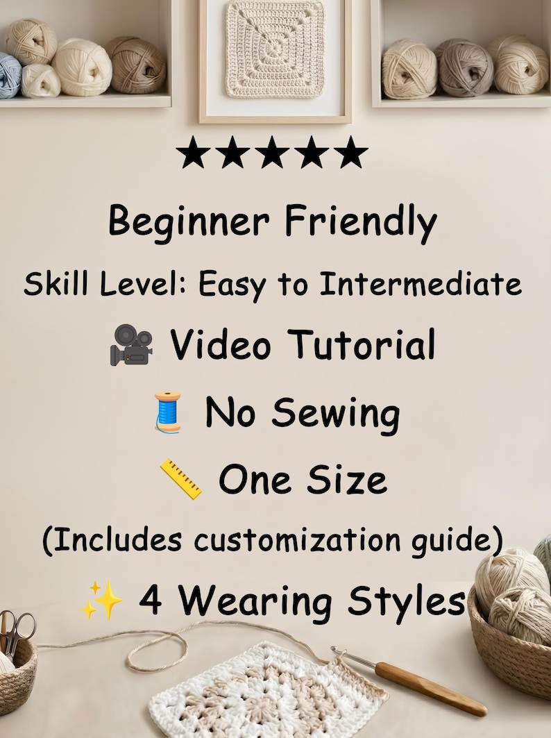 Pu&ograve; includere: Un foglio informativo per schema all'uncinetto con cinque stelle nere, il testo Beginner Friendly, Skill Level: Easy to Intermediate, Video Tutorial, No Sewing, One Size, Includes customization guide e 4 Wearing Styles con icone.