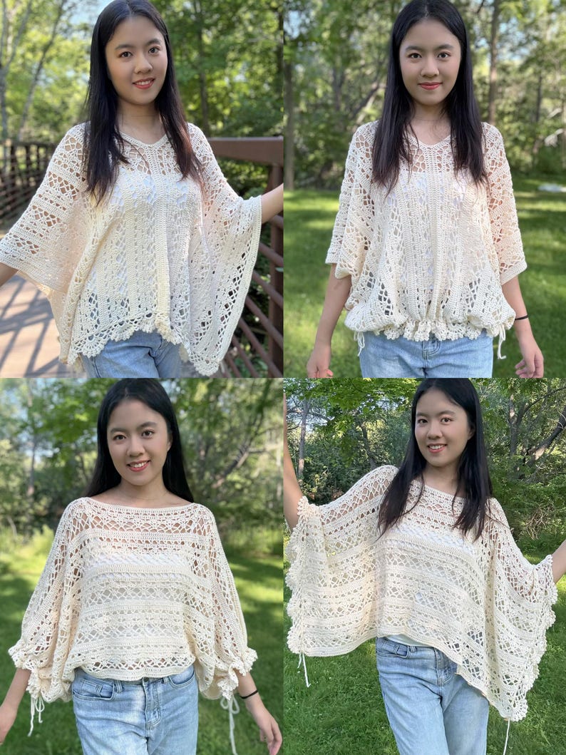 Pu&ograve; includere: Un poncho all'uncinetto color crema caratterizzato da un intricato motivo traforato con vari punti geometrici, un ampio scollo a barchetta e lacci laterali regolabili che arricciano il tessuto sull'orlo, creando una silhouette ampia.