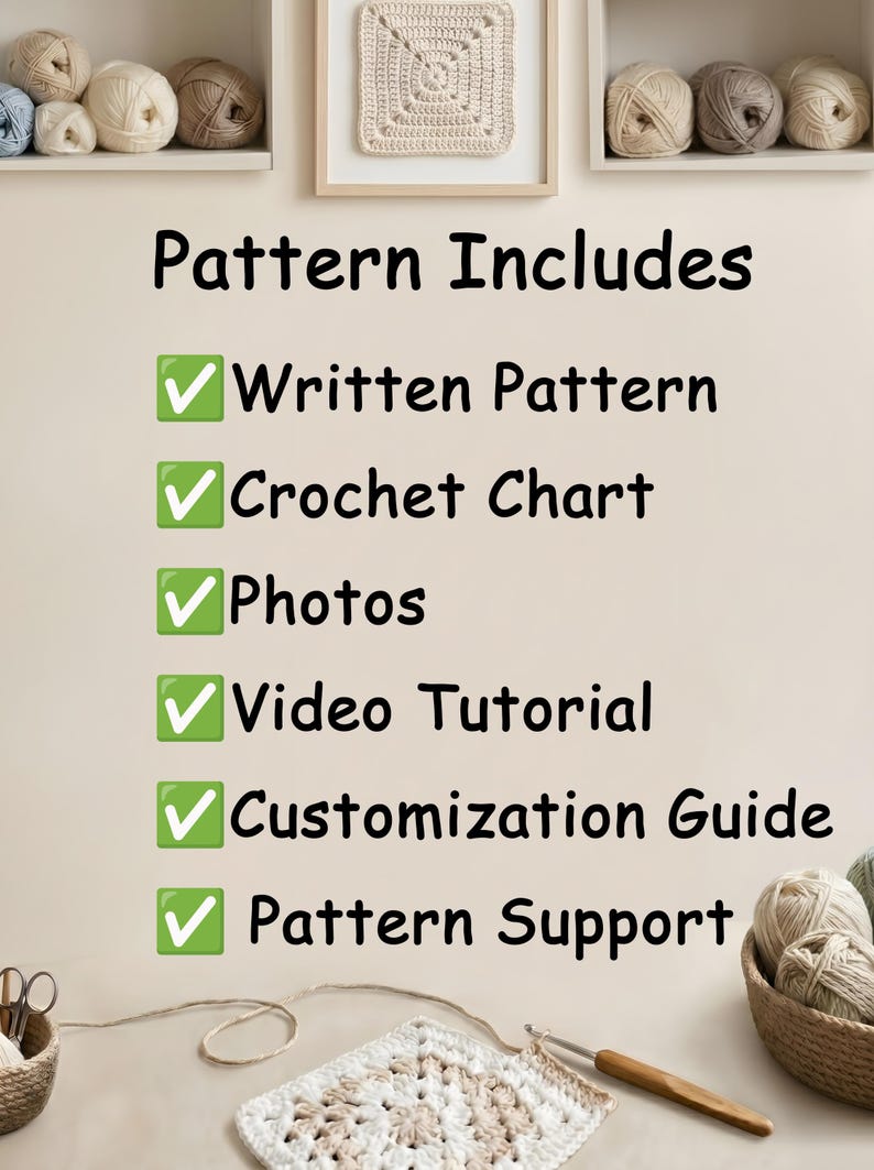 Pu&ograve; includere: Una guida per un modello all'uncinetto con il testo Pattern Includes seguito da un elenco di controllo di Written Pattern, Crochet Chart, Photos, Video Tutorial, Customization Guide e Pattern Support, con gomitoli e un uncinetto.