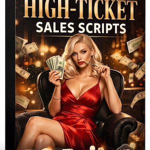 May include: A book cover with the text "FEMBOT COLLECTION HIGH-TICKET SALES SCRIPTS". The cover features a woman in a red dress holding money and a pen. The cover also includes the text "24 PAGES", "DM PAGES", "DM SCRIPTS", "VOICE NOTES", and "VIP OFFERS".