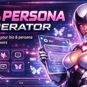 May include: Digital artwork advertising a "BIO & PERSONA GENERATOR." It depicts a woman in a silver and black futuristic suit with pink highlights, holding a digital screen. The background is a vibrant mix of purple and blue with butterfly graphics.