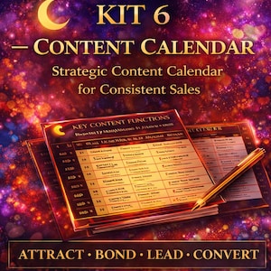 Op de afbeelding: Een contentkalender getiteld "KIT 6 - CONTENT CALENDAR" met de tekst "Strategic Content Calendar for Consistent Sales." De afbeelding toont een planner met belangrijke contentfuncties en de woorden "ATTRACT • BOND • LEAD • CONVERT."
