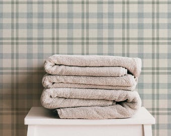 Prepasted Wallpaper - Plaid Coastal Farmhouse - Neutral Blue Sage - Peel and Stick Removable Wallpaper, Renter Friendly, Cottage Style