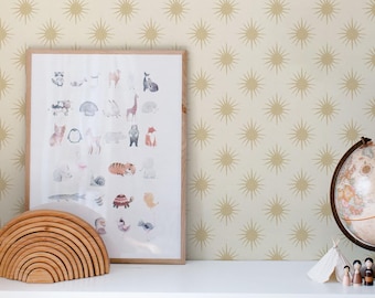 Boho Sun Wallpaper Peel and Stick | Celestial Gold Starburst | Whimsical Nursery Decor