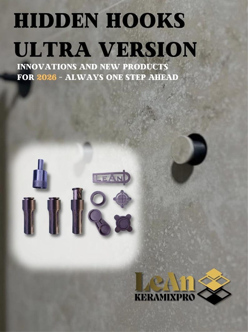 May include: Image showcasing various hidden hook components, including cylindrical and geometric shapes, in shades of gray and black. Text reads "HIDDEN HOOKS ULTRA VERSION" and "INNOVATIONS AND NEW PRODUCTS FOR 2026 - ALWAYS ONE STEP AHEAD."