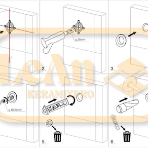 May include: Illustrated step-by-step guide for installing a wall fixture. The diagram shows the process, including measurements in millimeters, with a series of numbered steps. The image is in black and white.